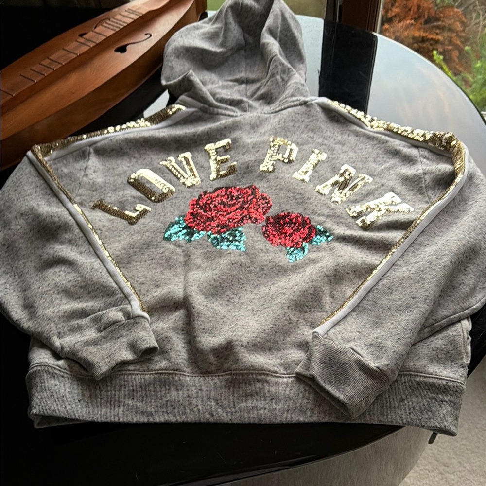 PINK Gold & Roses Sequin Heather Gray Hoodie with Gold Sequin Stripe - Picture 8 of 10